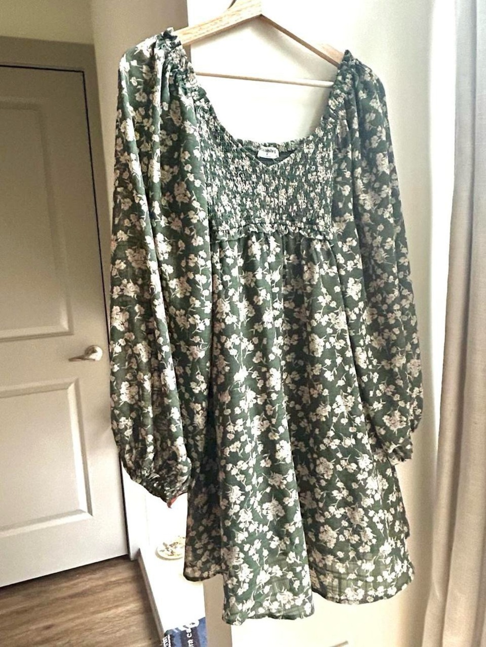 Dark Green Floral Smocked Mini Dress